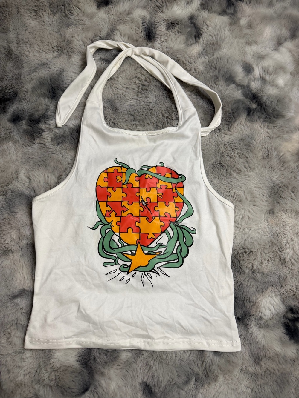 White Halter Tank Top with Orange & Red Puzzle Heart Graphic